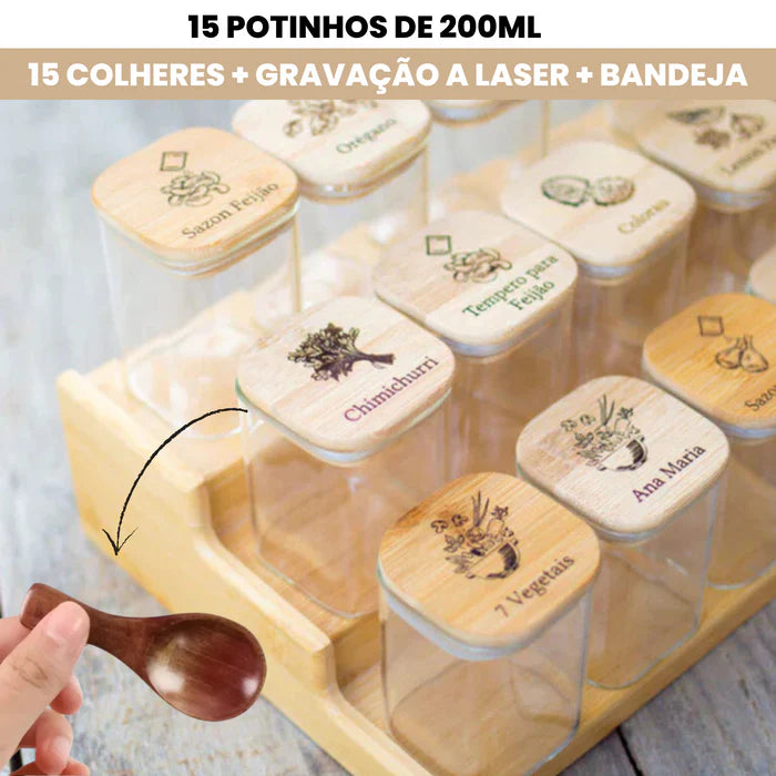 GANHE 2 BRINDES EXCLUSIVOS HOJE! Kit 15 Potes Herméticos Gourmet™ + Gravação a Laser(PERSONALIZADA) + Bandeja + 15 colheres